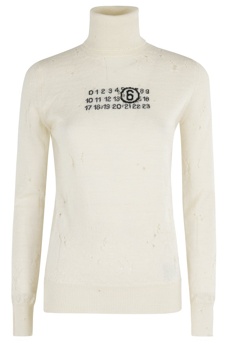 Mm6 By Maison Margiela High-Neck Cream Wool Pullover With Numeric Logo