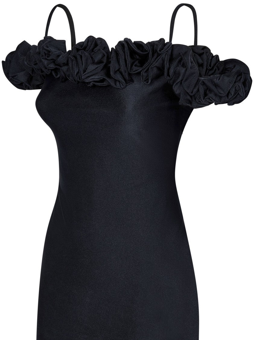 Coperni Floral Ruches Black Dress With Off-The-Shoulder Neckline