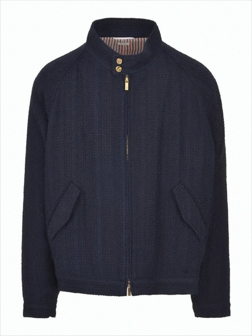 Thom Browne Textured Navy Casual Jacket With Gold-Tone Hardware And Tri-Color Stripe