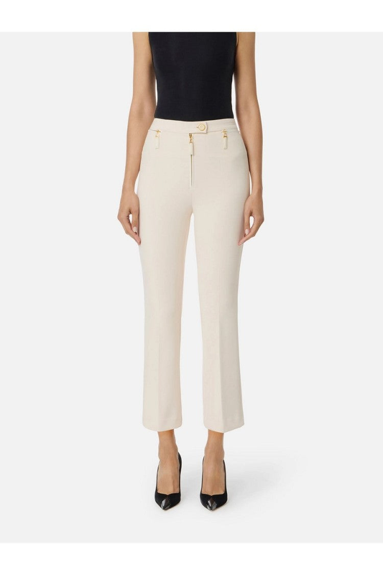 Elisabetta Franchi Ivory Polyester-Elastane Cropped Flare Trousers