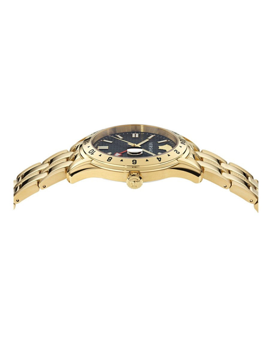 Versace Swiss Made Gmt Quartz Watch With Black Guilloche Dial