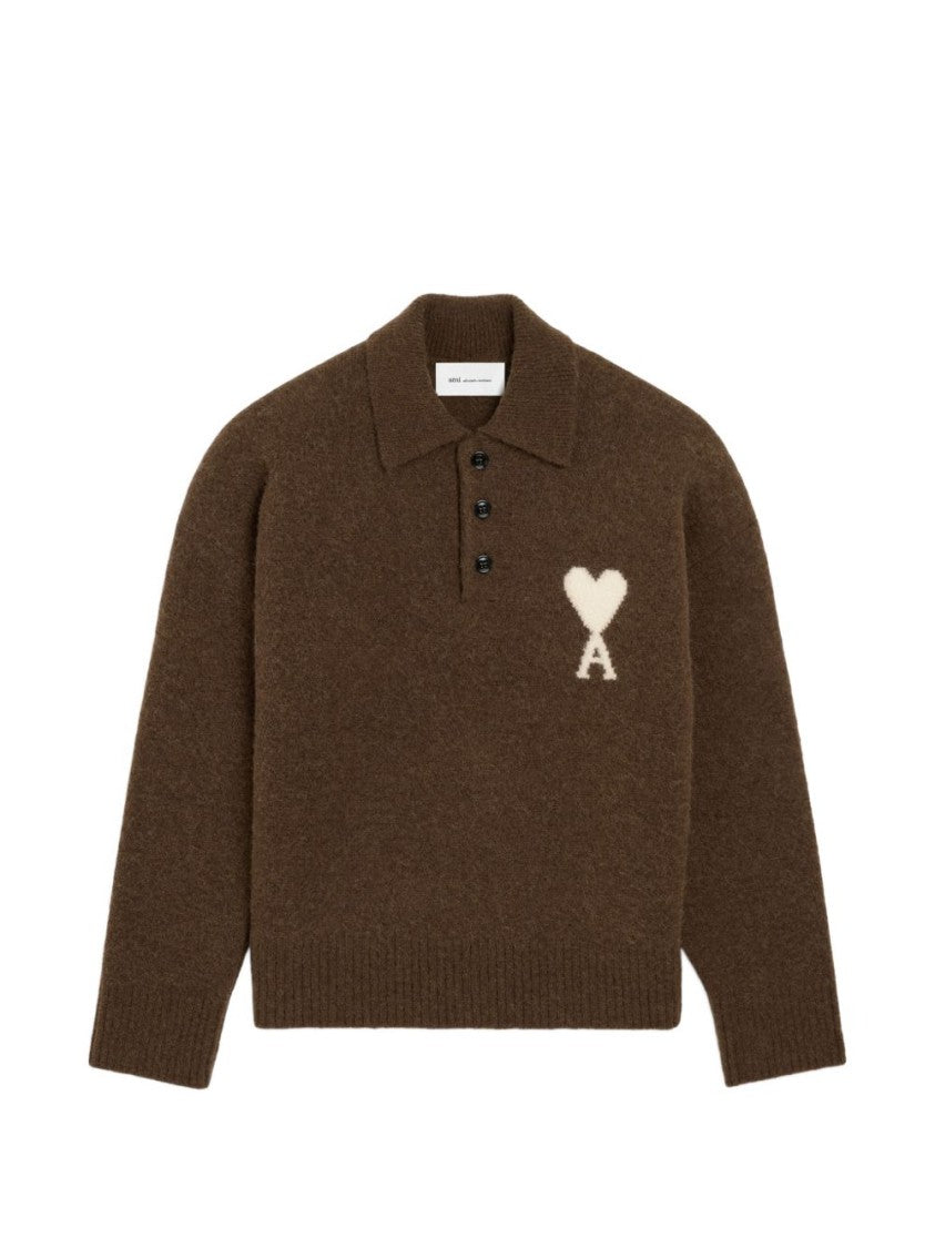 Ami Paris Textured Knit Sweater With Polo Collar