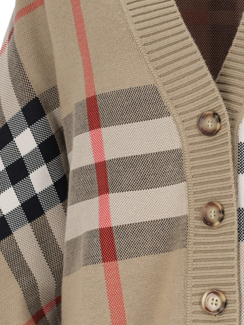 Burberry Beige Check Cardigan With Bold Stripe Detailing
