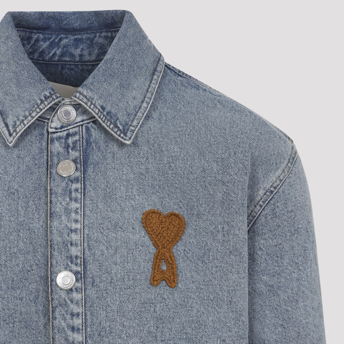 Ami Paris Denim Shirt With Classic Collar And Embroidered Heart