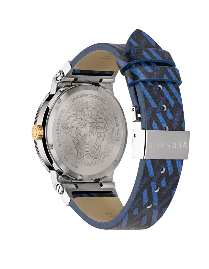 Versace Greca Logo 38Mm Quartz Watch With Blue Dial And Leather Strap
