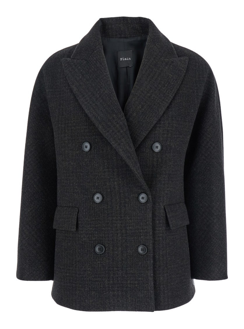 Plain Short Check Peacoat With Notched Collar