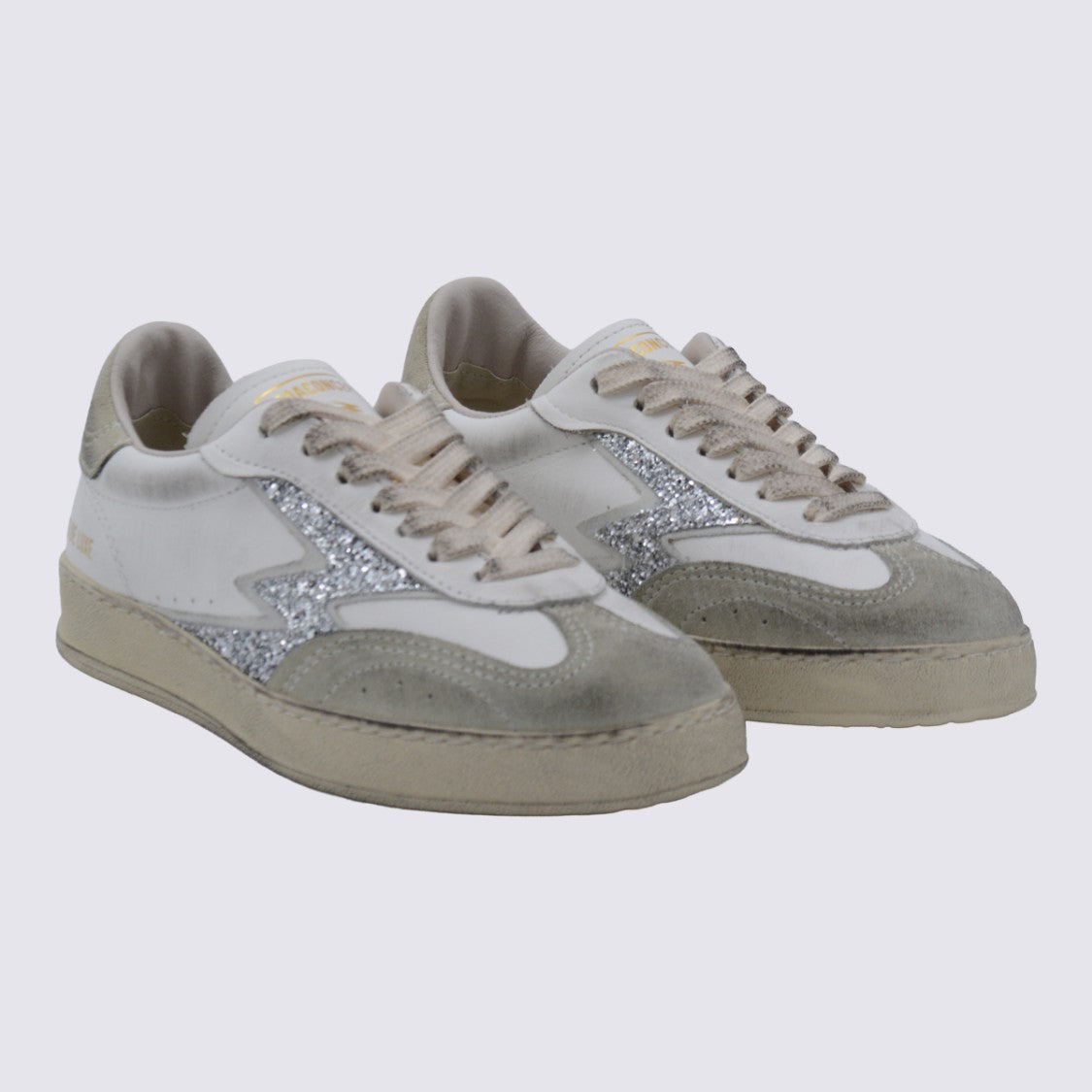Moaconcept Silver And White Leather Sneakers From Moaconcept Featuring Round Toe, Laces Fastening, Logo Print And Rubber Sole.