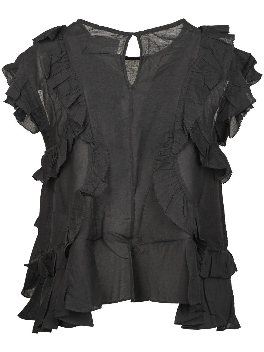Isabel Marant Étoile Sheer Black Top With Layered Ruffles And Keyhole Closure
