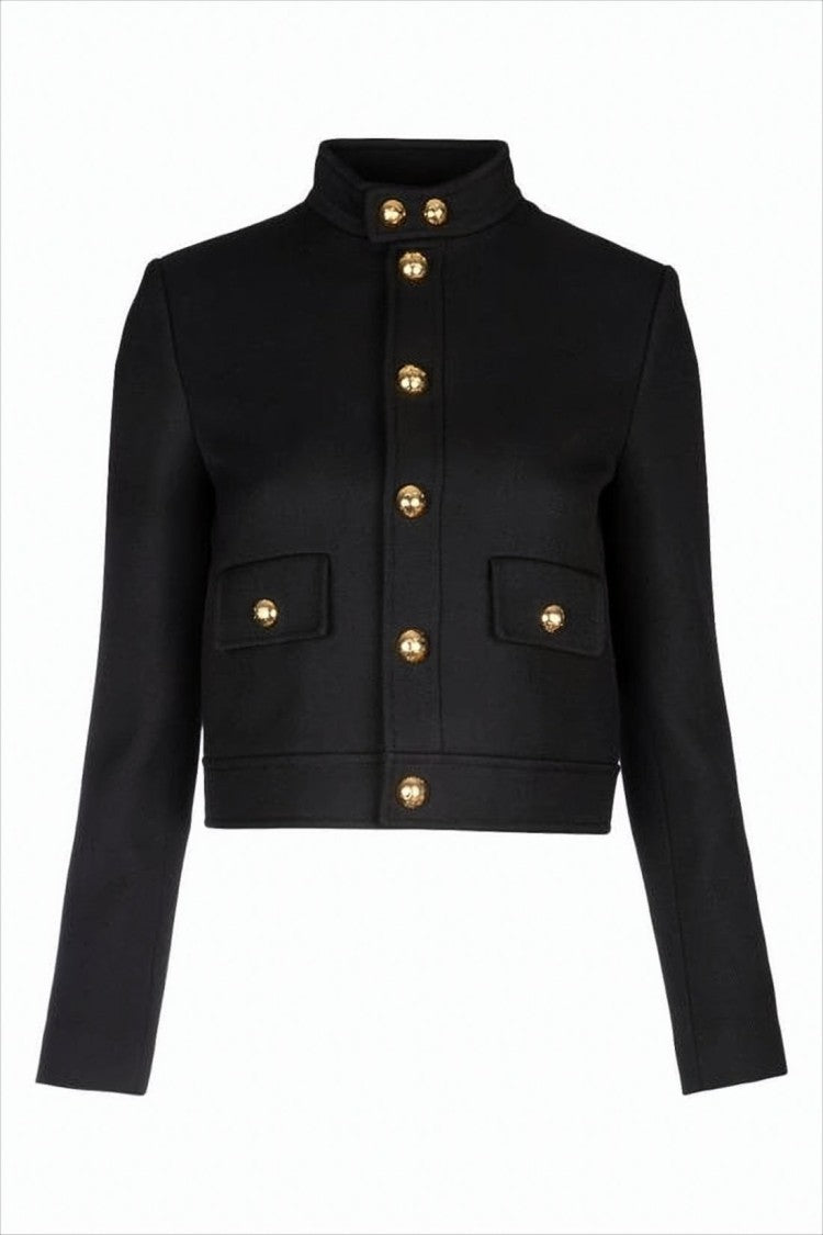 Celine Cropped Black Jacket With Structured Silhouette And Gold-Tone Accents