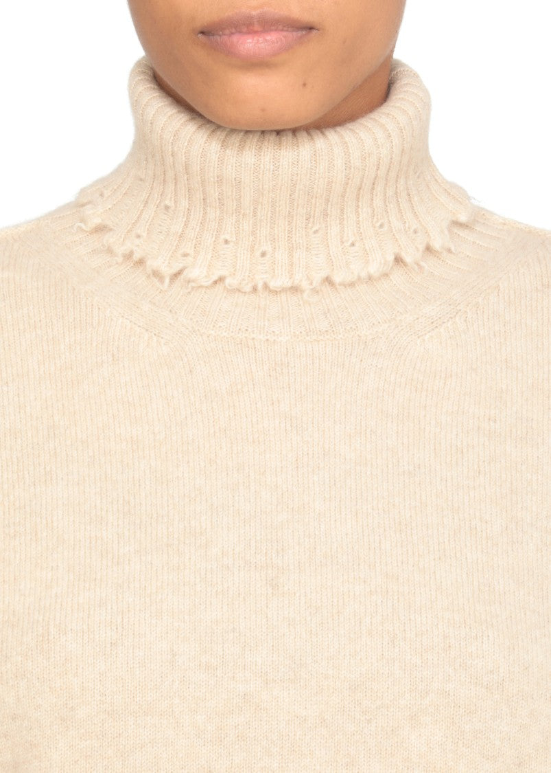 Uma Wang Beige High Neck Cashmere Sweater With Distressed Hem