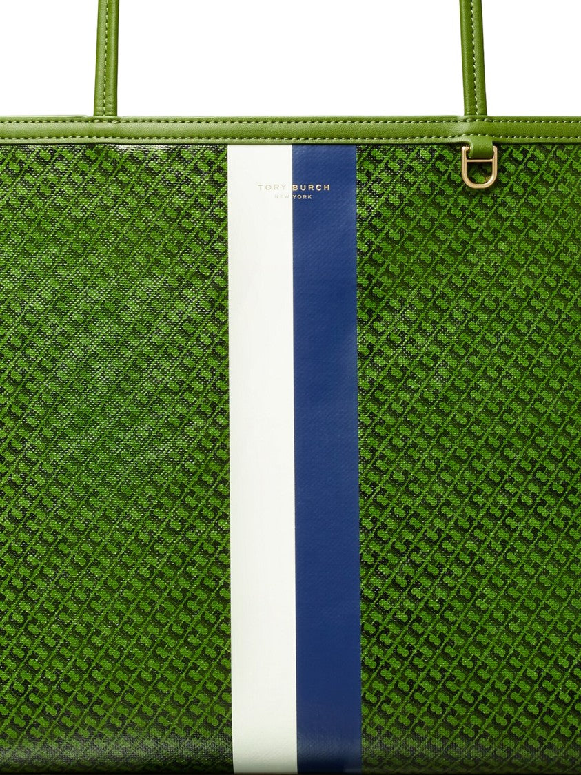 Tory Burch Textured Green Racer Tote With Striped Detail
