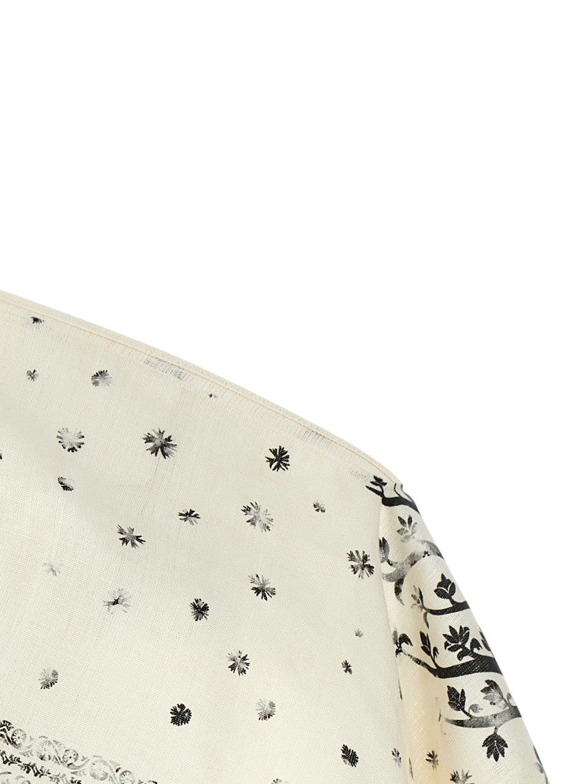 Alberta Ferretti Asymmetrical Linen Top With Hood And Fortuny-Inspired Print