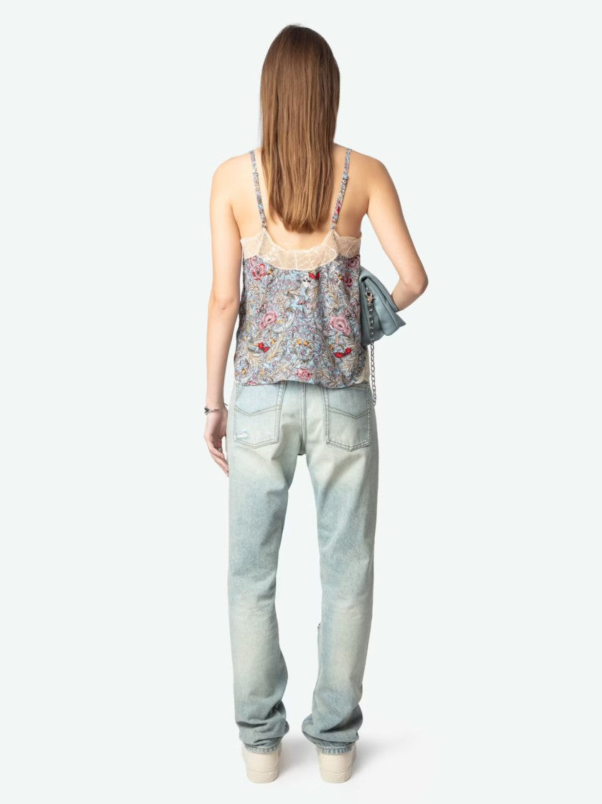 Zadig & Voltaire Floral Camisole Top With Sheer Lace Trim