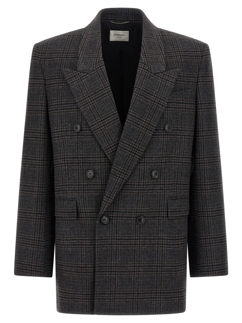 Saint Laurent Check-Knit Wool Jacquard Double-Breasted Blazer