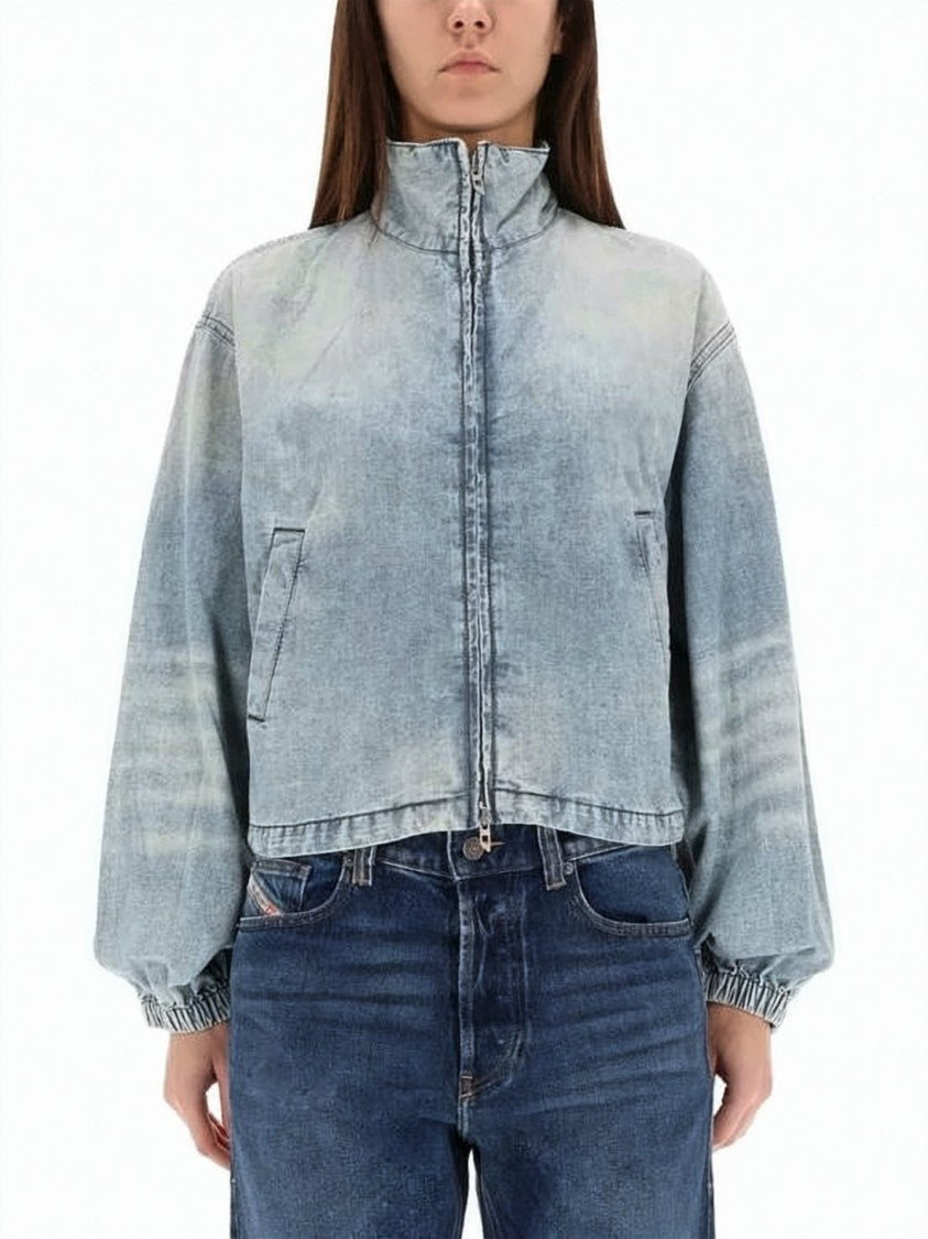 Diesel Cropped Denim Jacket With High Collar And Vintage Effect