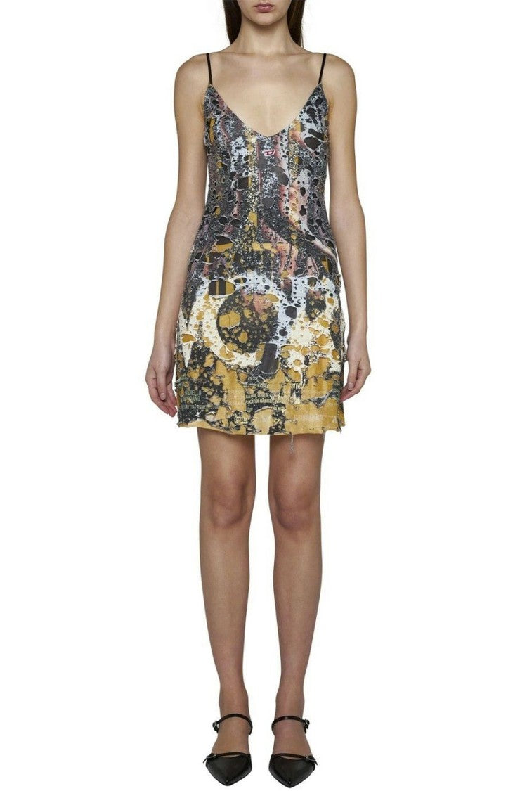 Diesel Graphic Print Mini Dress With Adjustable Straps And Edgy Design