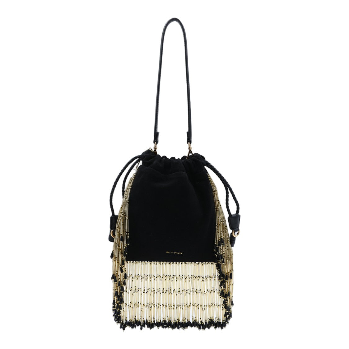 Etro Black Drawstring Bucket Bag With Floral Embroidery