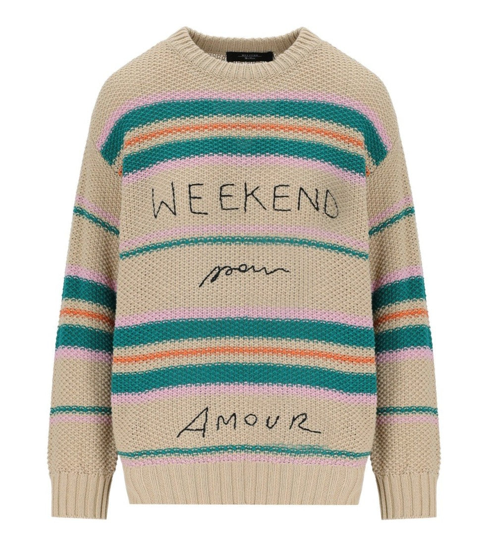 Max Mara Angus Beige Crewneck Sweater With Embroidery