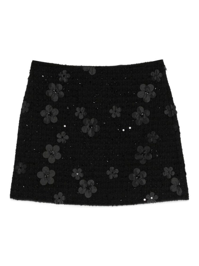 Twin-Set Textured Black Mini Skirt With Floral Appliqués