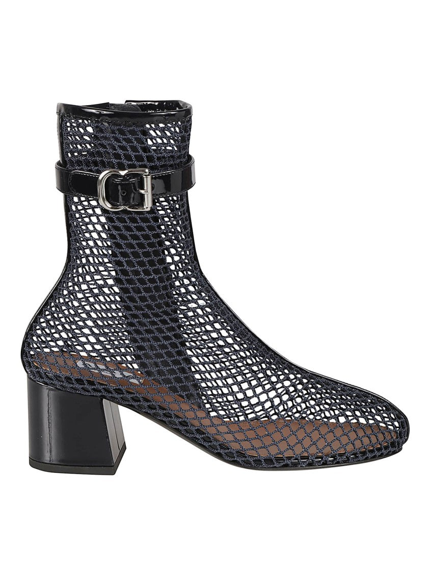 Alaïa Mesh Overlay Ankle Boots With Block Heel And Silver Buckle