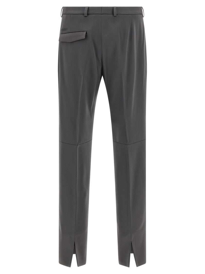 Gucci Heavy Wool Satin Tailored Trousers With Subtle Logo Embroidery
