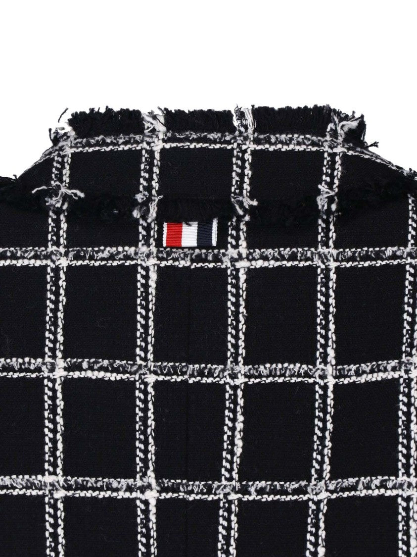 Thom Browne Cropped Black Windowpane Check Cotton-Blend Tweed Blazer