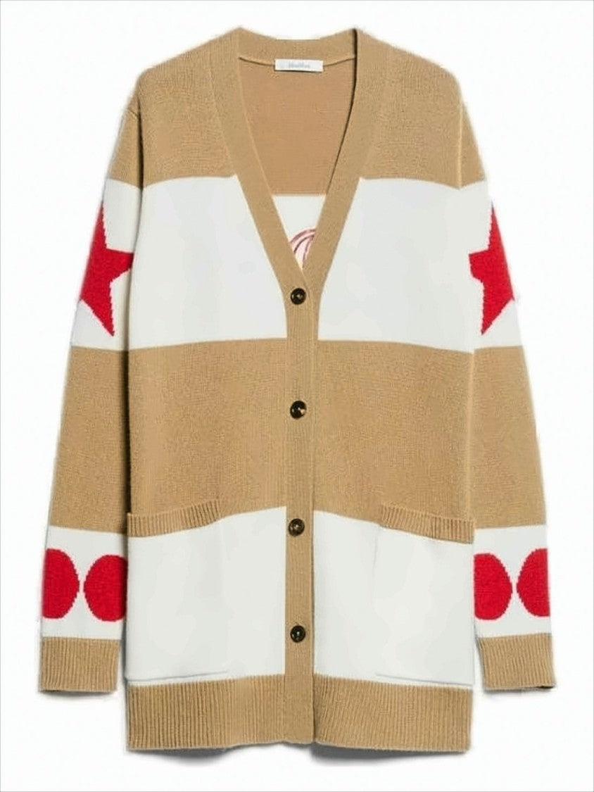 Max Mara Camel Wool Cardigan With White Stripes