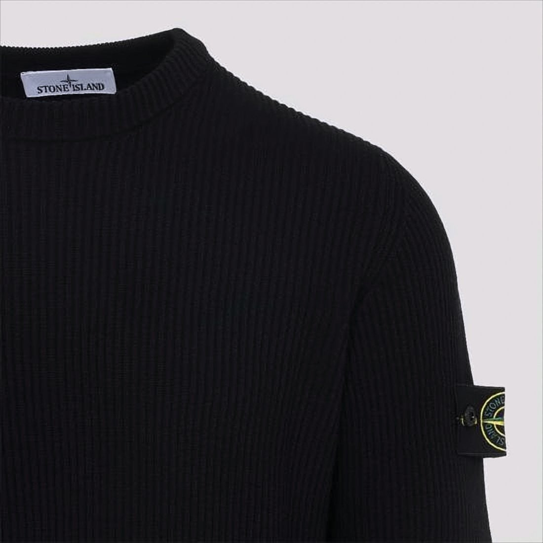 Stone Island Ribbed Knit Black Sweater With Distinctive Sleeve Patch
