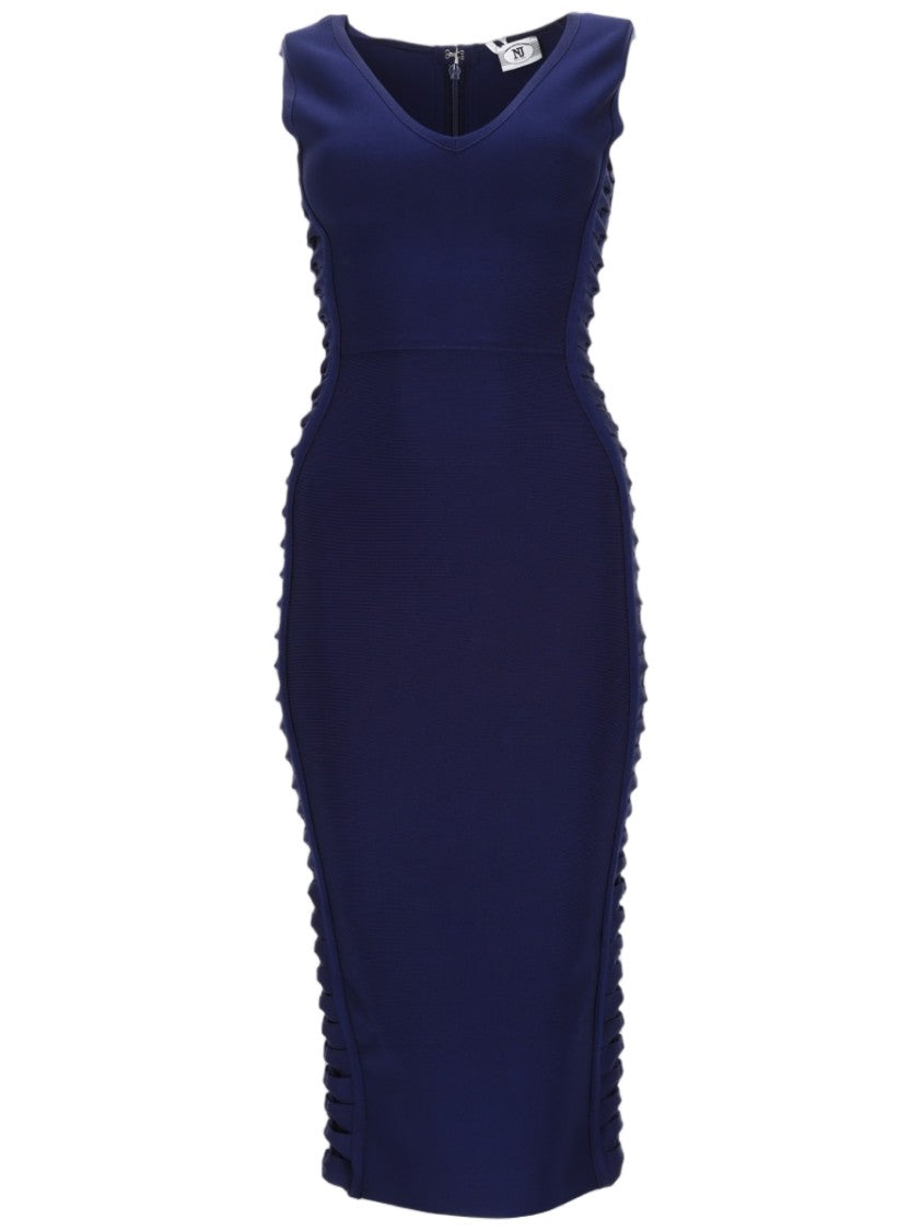 Nj Couture Form-Fitting Midi Dress With V-Neckline And Ruffled Detaili
