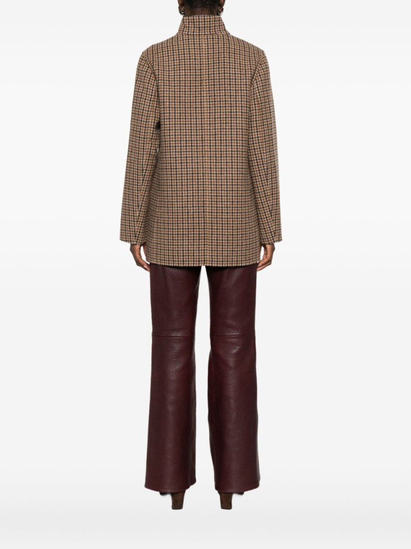 Yerse Houndstooth Pattern Brown Wool-Blend Coat