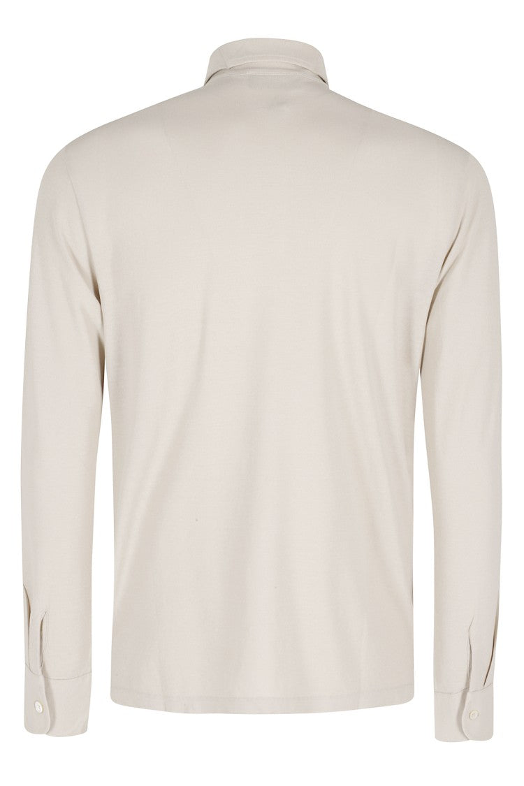 Zanone Sand Slim Long Sleeve Side Slit Cotton Polo Shirt