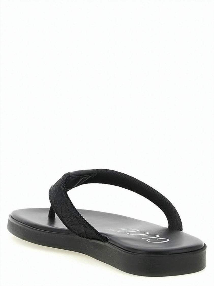 Gucci Black Canvas And Leather Thong Sandals With Rubber Sole