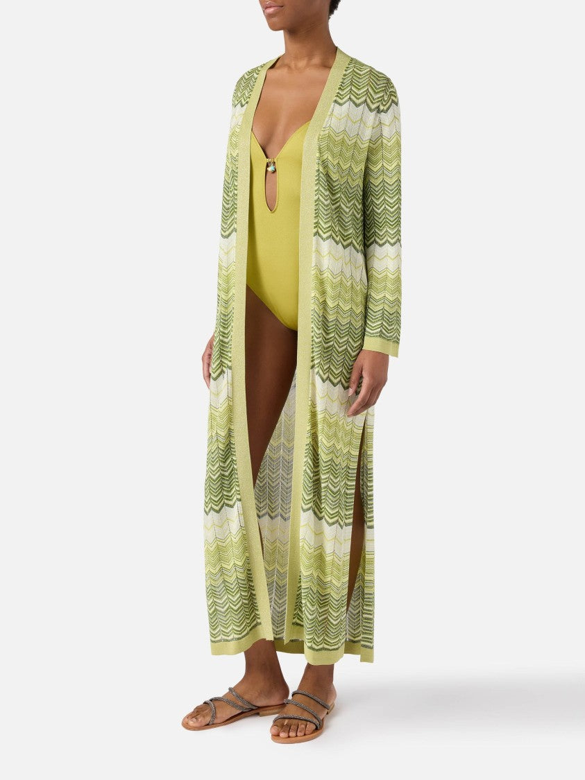 Mc2 Saint Barth Chevron Knit Long Cardigan With Three-Quarter Sleeves