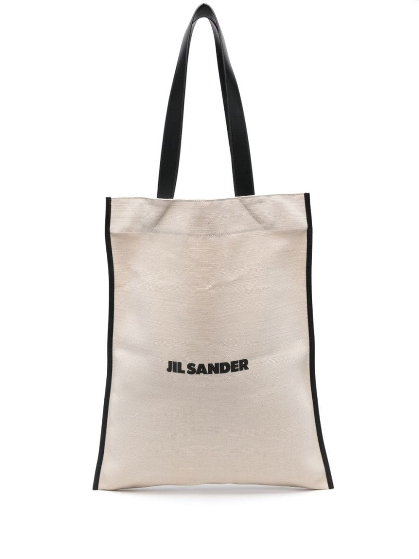 Jil Sander Ivory White Canvas Tote Bag With Leather Trim And Embroidered Logo