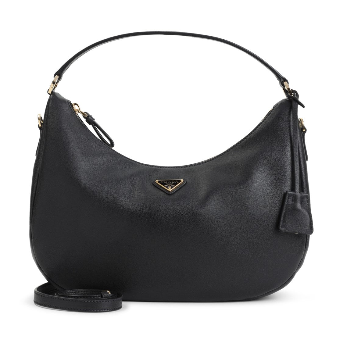 Prada Crescent-Shaped Black Calf Leather Handbag With Gold Accents