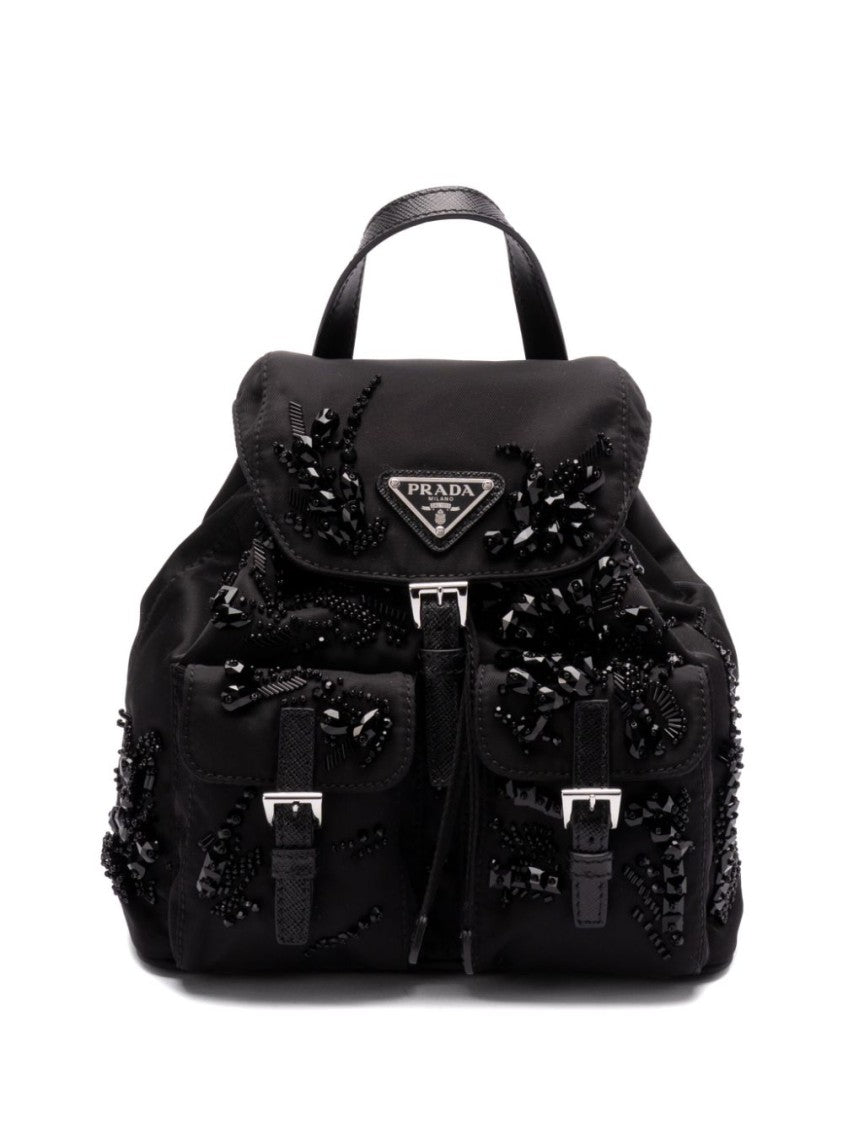 Prada Enamel Triangle-Logo Black Backpack With Front Buckle And Bead Embellishments