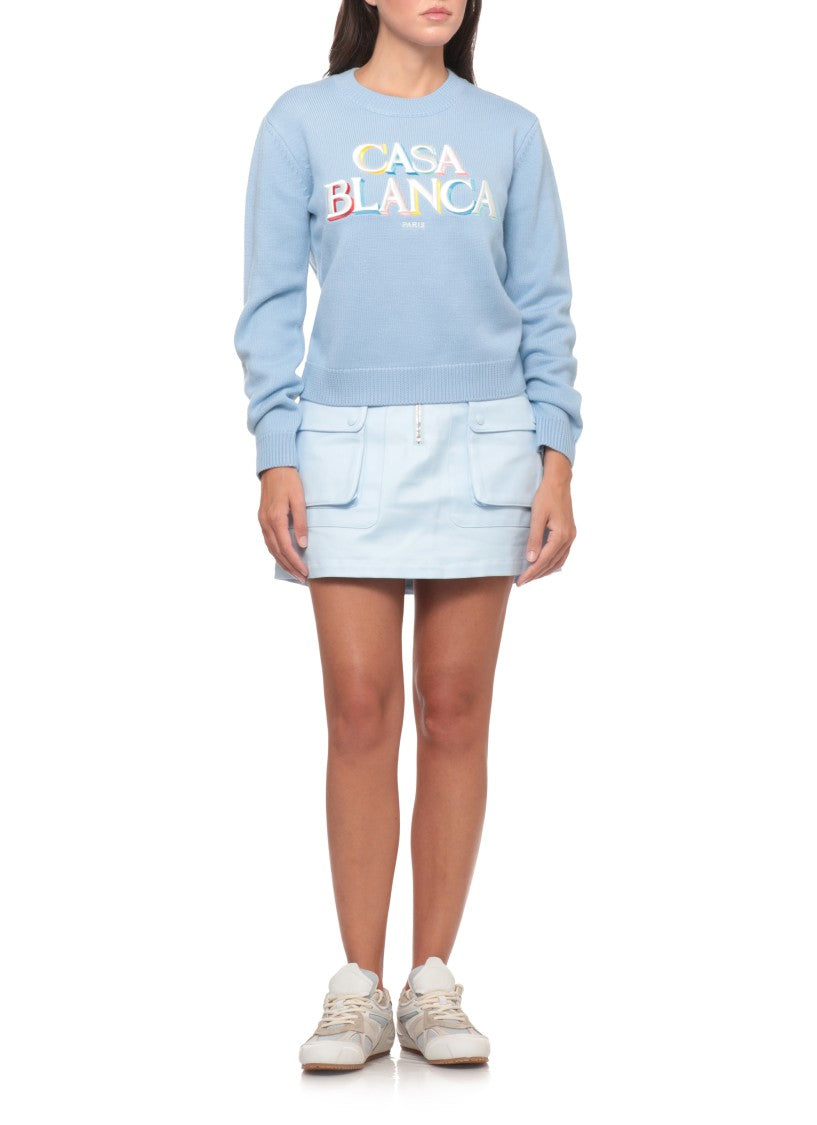 Casablanca Light Blue Wool Knit Sweater With Embroidered Logo