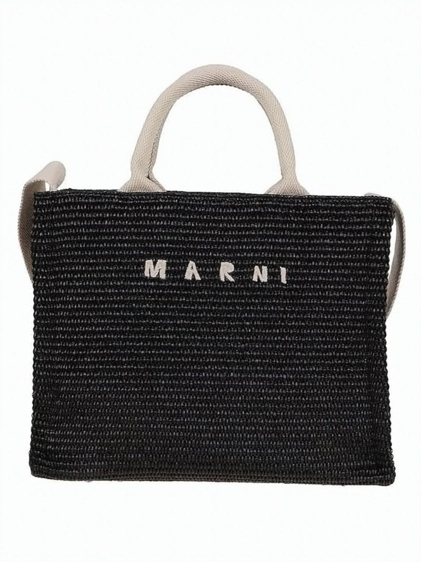 Marni Textured Black Woven Tote Bag With Beige Handles