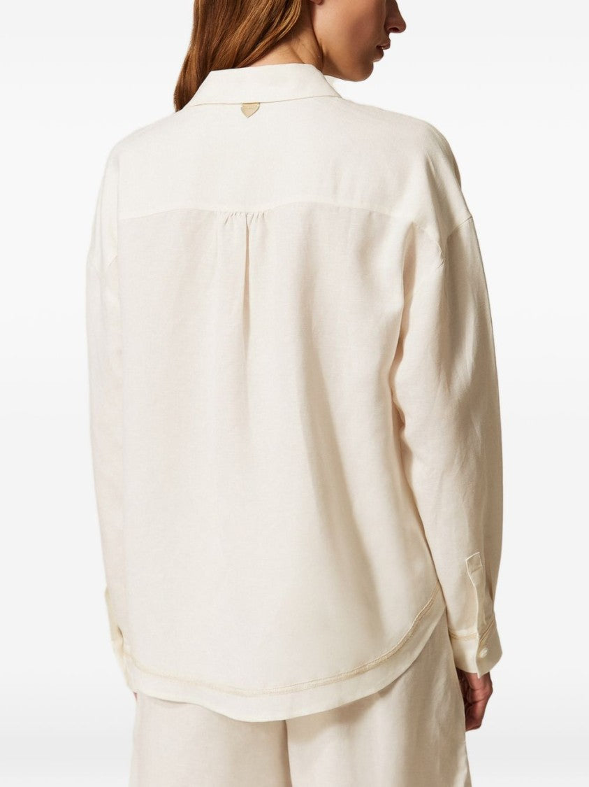 Twinset U&B Cream Long-Sleeve Shirt With Button Fastening And Embroidered Motifs