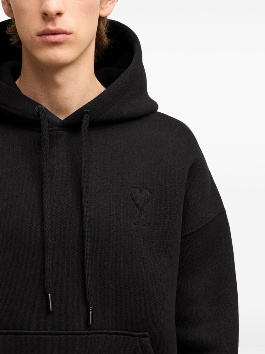 Ami Black Hoodie With Embroidered Logo And Kangaroo Pocket