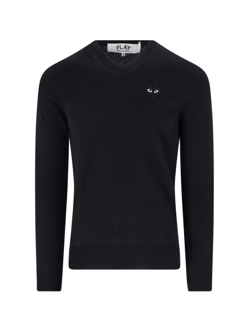 Comme Des Garçons V-Neck Tonal Logo Black Wool Sweater