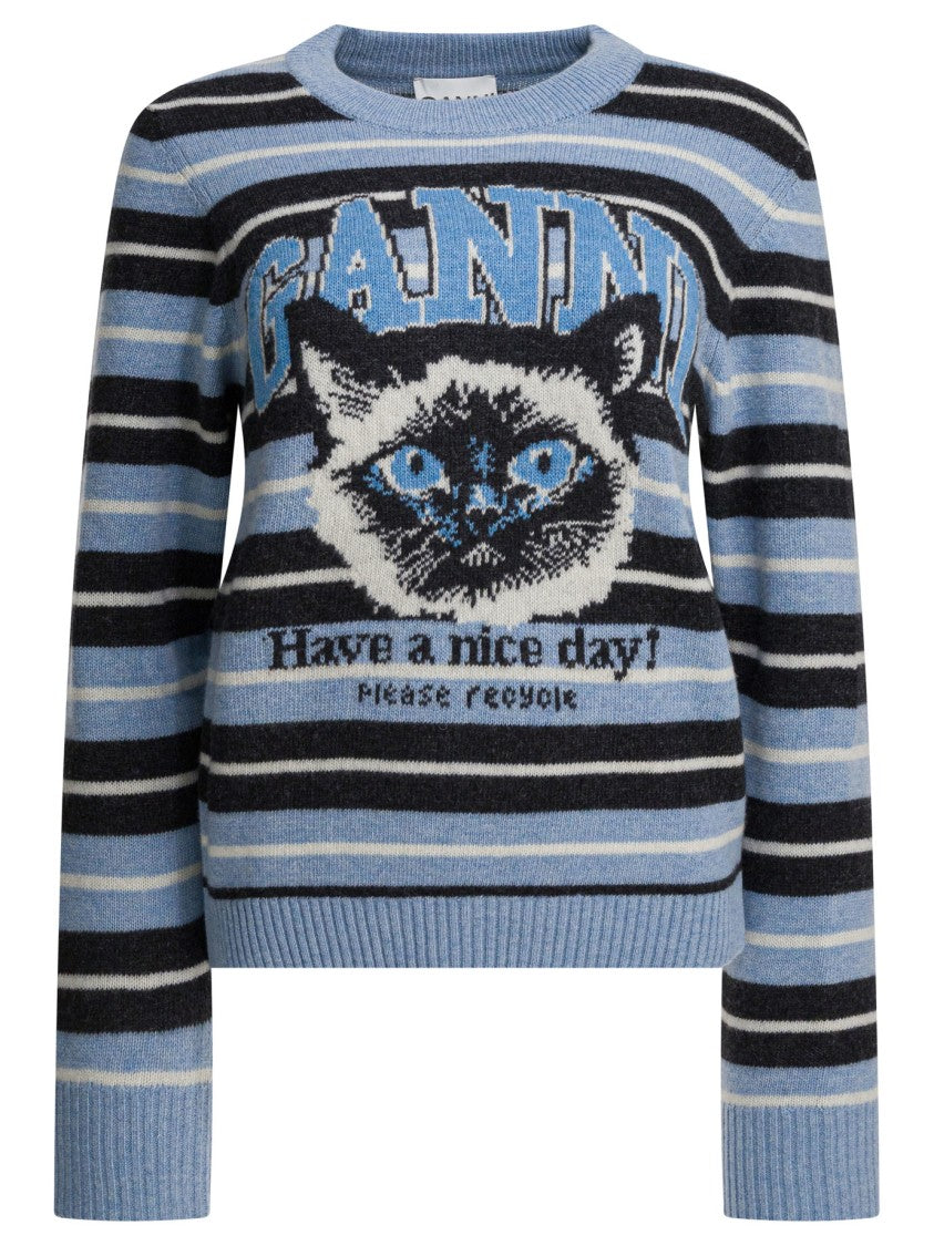 Ganni Graphic Print Wool Sweater With Striped Detailing