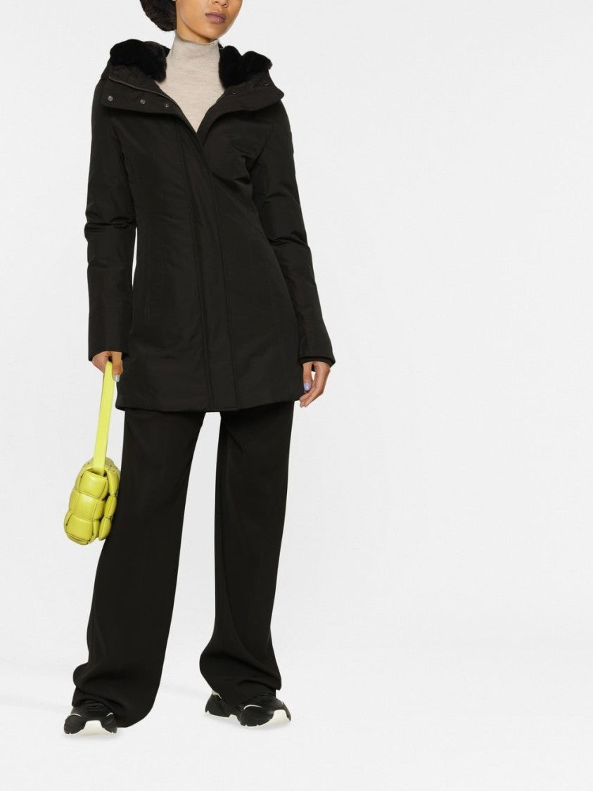 Woolrich Thigh-Length Black Coat With Classic Hood And Logo Patch