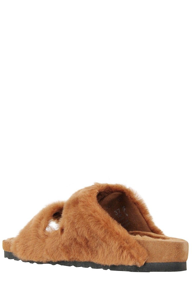 Birkenstock Caramel Shearling Slippers With Adjustable Double Strap