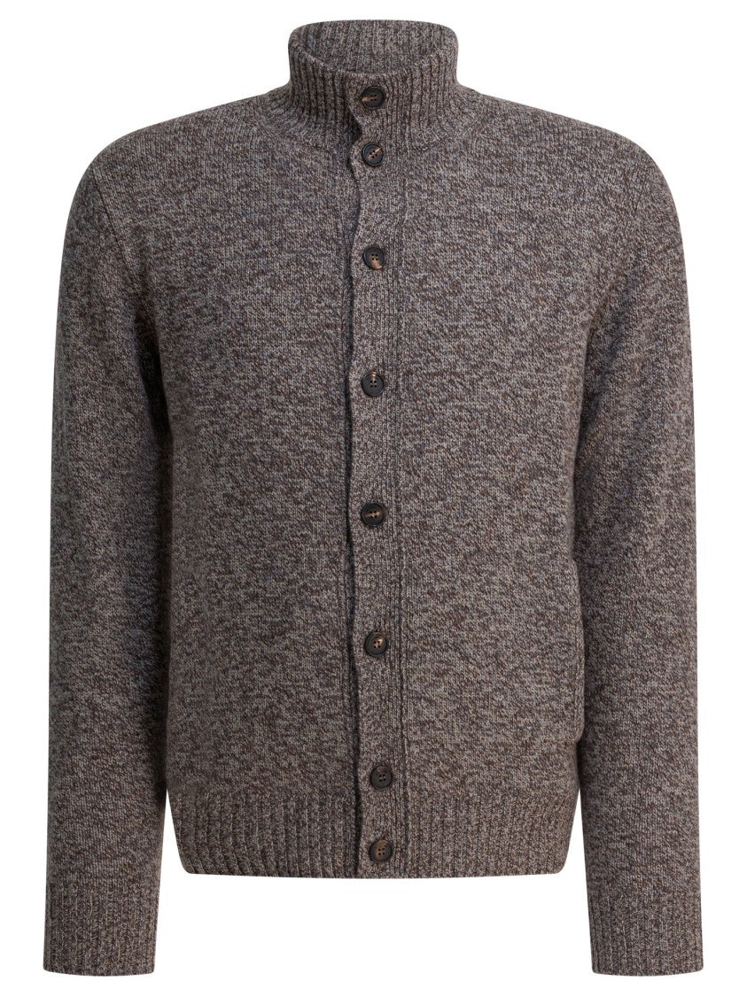Zanone Textured Brown Cardigan With High Ribbed Collar