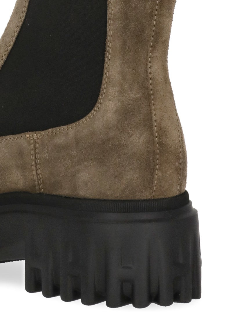 Hogan Brown Suede Slip-On Boots With Block Heel And Logo Detail