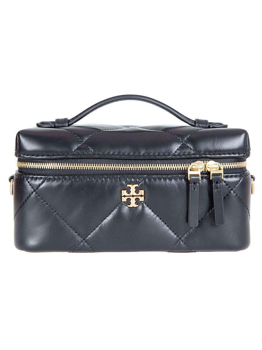 Tory Burch Quilted Black Vanity Wallet With Chain Strap And Signature Emblem
