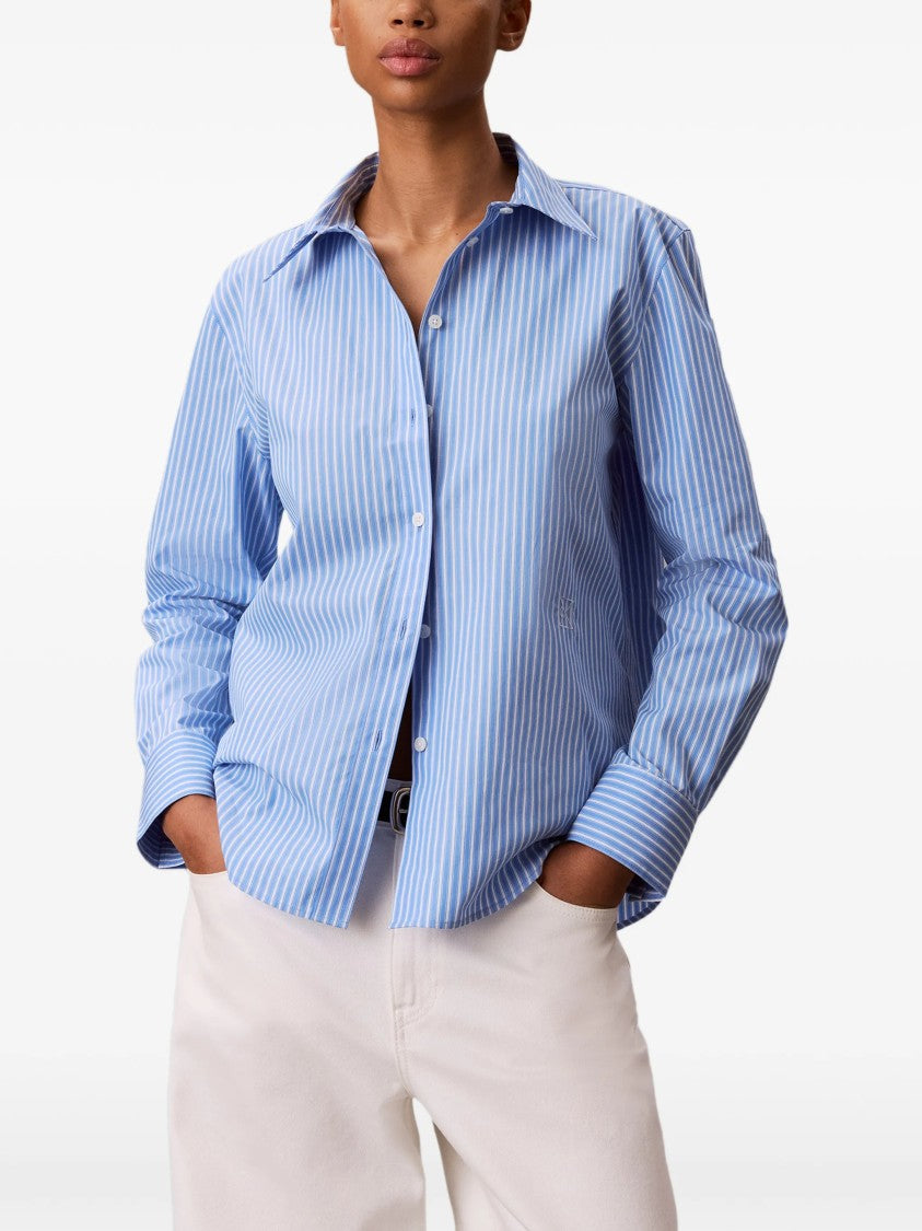 Calvin Klein Light Blue Vertical Striped Poplin Shirt With Classic Collar