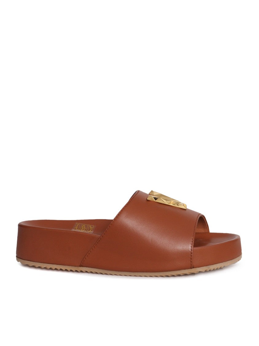 Via Roma 15 Brown Leather Slide Sandals