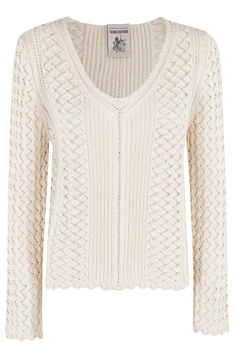 Semi Couture Marina Openwork V-Neck Top With Scalloped Hem